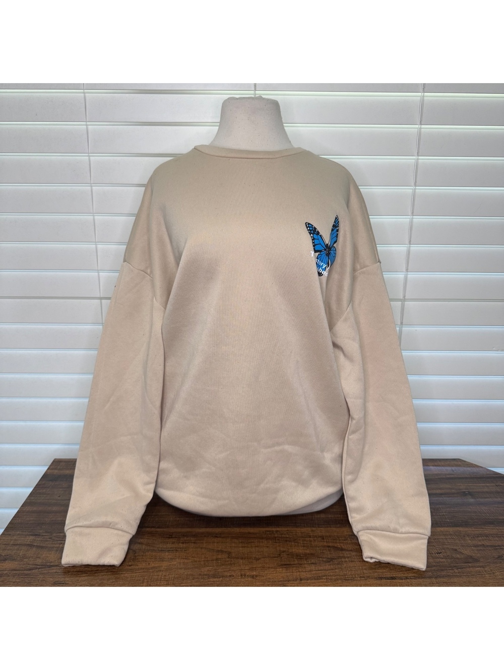 Beige Crewneck Sweatshirt with Blue Butterfly Print Size L